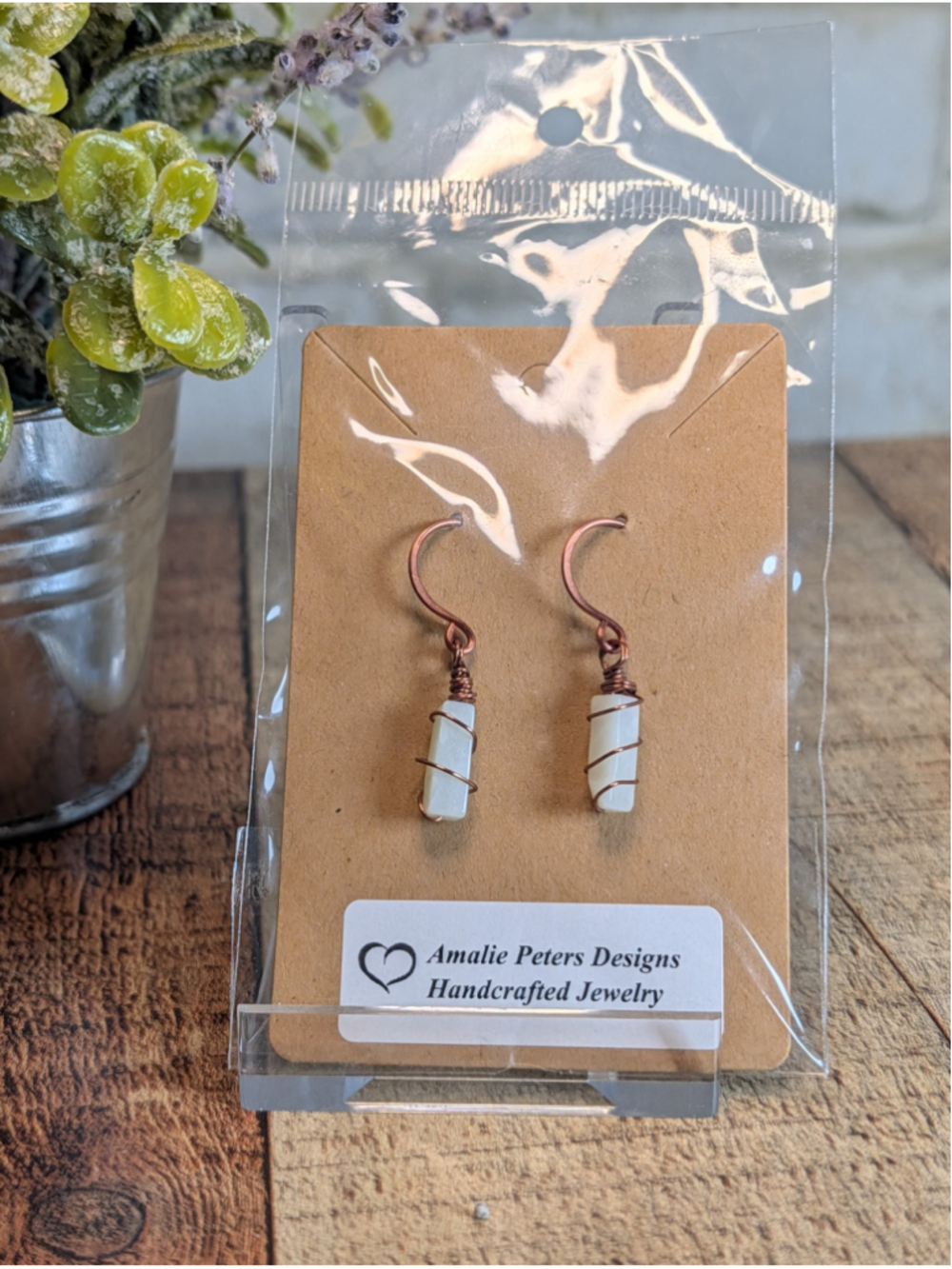 NEW Artisan Copper Wire Wrapped Amazonite Crystal Stick Drop Dangle Earrings - Picture 2 of 5
